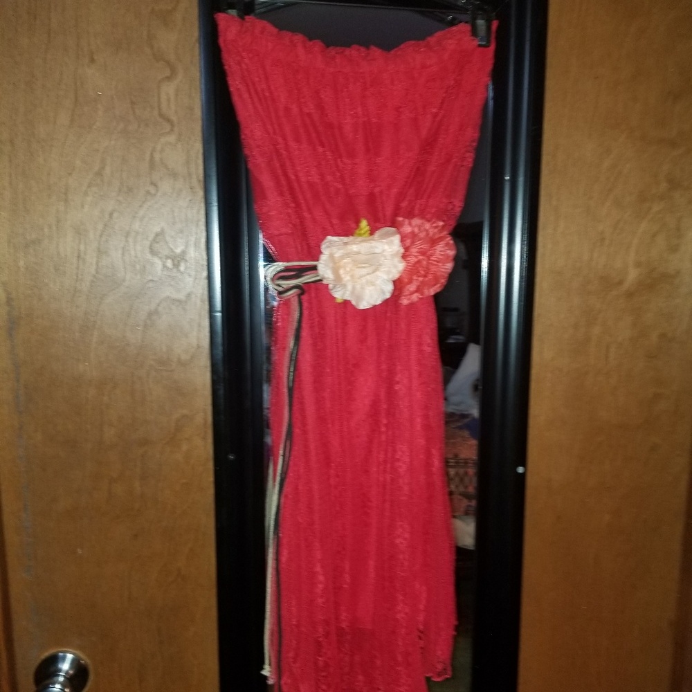 Red strapless lace dress